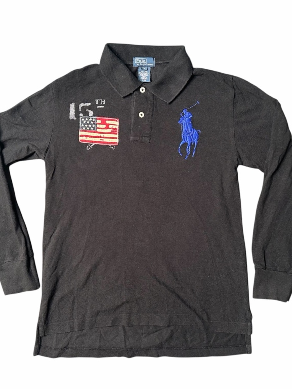 Polo by Ralph Lauren Black Long-Sleeve Polo with Blue Pony and Flag Patch